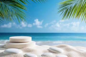 Poster - Empty white round display on a tropical beach with palm tree leaves framing the scene, ideal for showcasing summer products. High quality photo