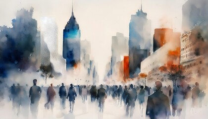 Wall Mural - Watercolor of an urban scene with buildings and people