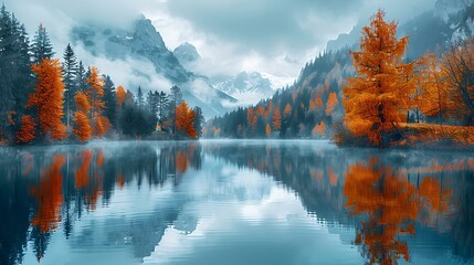 Wall Mural - Misty morning scene with mountains reflecting in a calm lake, surrounded by autumn trees.