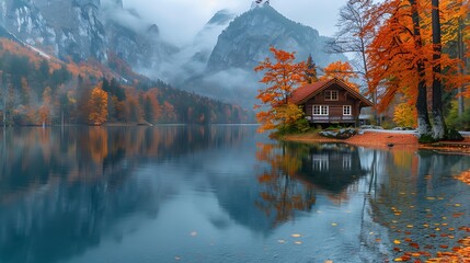 Wall Mural - A wooden cabin on a lakeshore in the midst of fall foliage, with fog rolling over the surrounding mountains.