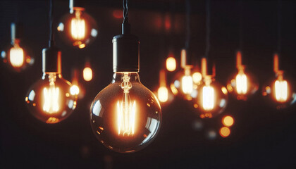 Wall Mural - Close-up photo of a glowing light bulb hanging in a dark room