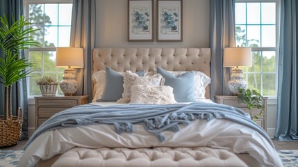 Poster - Elegant bedroom retreat with soft blue accents, cozy textiles, and natural light in a serene setting. Generative AI