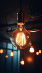 Wall Mural - Close-up photo of a glowing light bulb hanging in a dark room