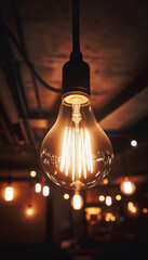 Wall Mural - Close-up photo of a glowing light bulb hanging in a dark room