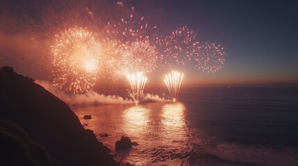 Poster - Captivating Coastal Fireworks Celebration Over the Tranquil Sea