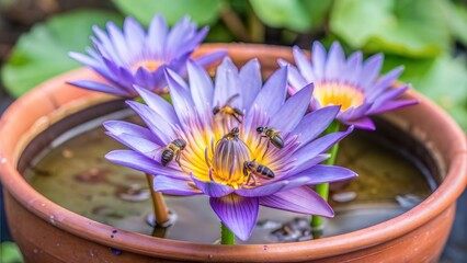 Sticker - purple lotus flower in pot and bee