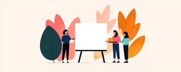 Team collaborating on a digital whiteboard, remote work setup, flat design illustration