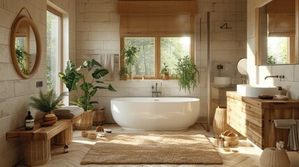 Wall Mural - A serene bathroom oasis with natural light illuminating the elegant bathtub and soothing greenery in a cozy retreat. Generative AI