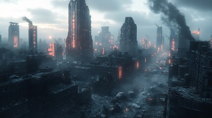 Wall Mural - Artistic rendering of dystopian cityscape with crumbling buildings towering skyscrapers and neon signs flickering in the darkness