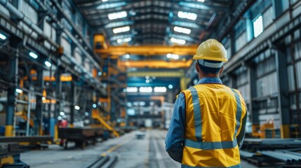 Poster - A man in a yellow vest stands in a large industrial building