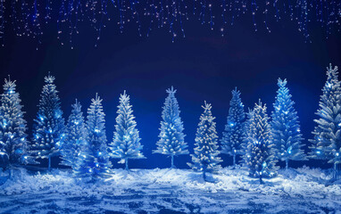 Wall Mural - Dark blue Christmas festive winter background with white glowing Christmas trees and lights, snow on the ground, nighttime scene