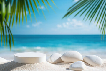 Poster - White podium with stones on sand displaying cosmetics product with blurry blue sea and palm tree leaves background. High quality photo