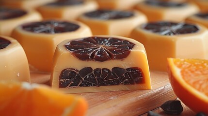 A close-up of a halved chocolate orange dessert with a chocolate center and a white chocolate shell.