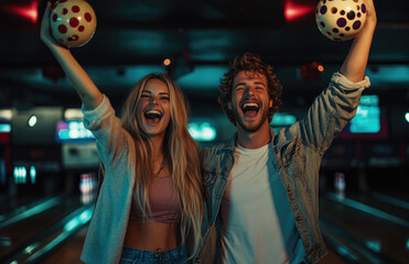 Poster - a happy couple holding a bowling ball and celebrating their success