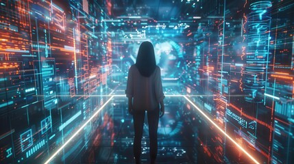 Wall Mural - businesswoman navigating glowing maze of strategy icons holographic projections futuristic office dynamic lighting sleek glass surfaces