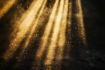 golden beams of bright light shining on black background , ai