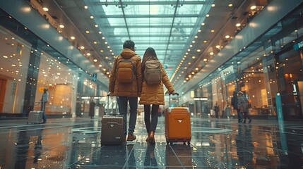 Young Asian couple happily walking through an airport terminal, warmly dressed for travel with suitcases in hand