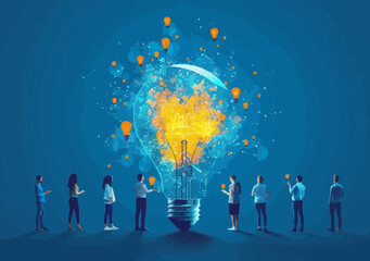 Poster - Team Collaboration on New Project with Light Bulb Symbolizing Ideas and Problem Solving, Creative Brainstorming Concept, Minimalistic Vector Illustration