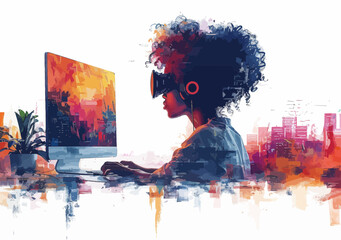 Colorful Online Technical Support Vector Illustration with Operator Using Headset and Computer, Engaging and Creative Business Concept Art