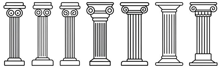 line greek pillars and roman columns, ancient architecture and antique buildings, vector icons. gree