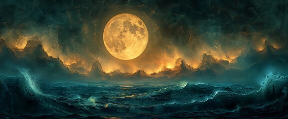 A full moon shines brightly over a dark, stormy sea, casting an ethereal glow on the distant mountains and churning waves.