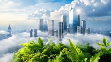 Poster - Cityscape Emerging from Clouds with Lush Greenery.