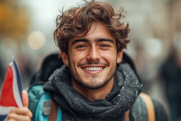 Wall Mural - Handsome Hispanic Exchange Student Smiling Proudly with UK Flag, Pointing at Himself Happily