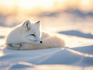 Wall Mural - a white fox is laying in the snow