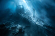 © tynza - Apparition of a sailor haunting a shipwreck, with ghostly light illuminating the underwater scene and the remains of the ship.