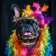 Wall Mural - Whimsical French Bulldog Portrait: Carnival-Inspired Canine Celebration. Vibrant Pet Party Concept for Marketing, Cultural Events, and Seasonal Promotions. AI-Generated 4K Background Featuring Joyful 