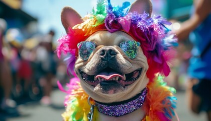 Wall Mural - Portrait of a happy french bulldog dressed as Carnival with makeup, wig, glitter collars and feather boas celebrating in a street day parade. Featuring Joyful Dog in Festive Attire for Advertising and