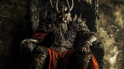 powerful evil king sitting on a throne with glowing eyes