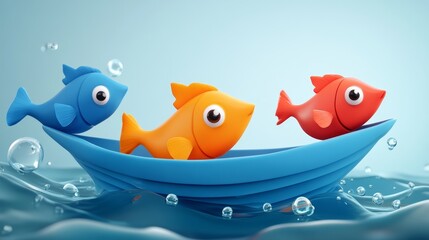 Colorful fish swim in a blue boat, creating a playful and vibrant underwater scene filled with bubbles.