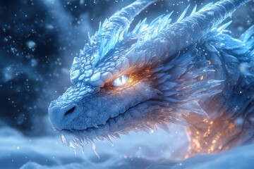 Wall Mural - Icy Dragon Breathing Blue Frost Flames in a Chilling Winter Wonderland Landscape of Frozen Majesty