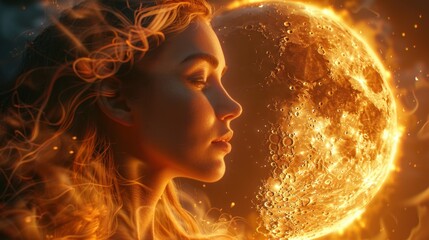 a woman gazes thoughtfully at the glowing sun, surrounded by ethereal flames and cosmic beauty at du