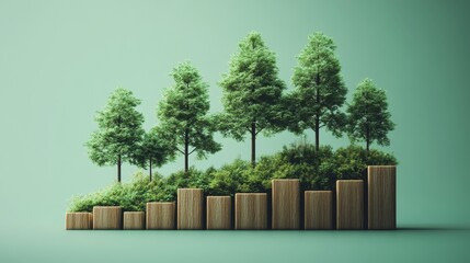 Green Growth  Sustainable Business Graph with Trees on Wooden Bars