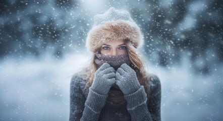 woman in a winter outfit standing under snowfall