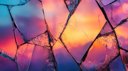 Close-up of fractured glass pieces against a colorful sunset sky, creating a striking visual texture and pattern