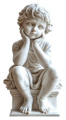 Thoughtful statue of a young boy in classic style isolated on transparent background