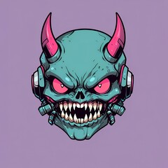 Poster - Cyber Demon Skull with Pink Horns