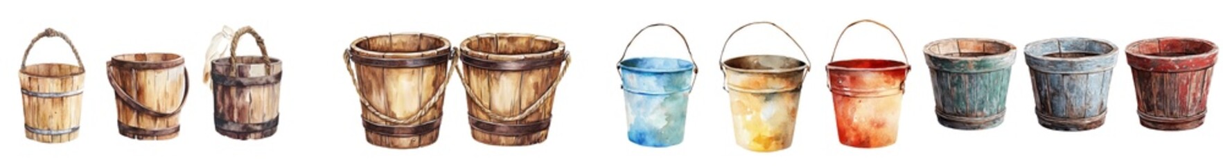 Poster - This clipart illustration features a wooden bucket with an isolated background made from watercolors.