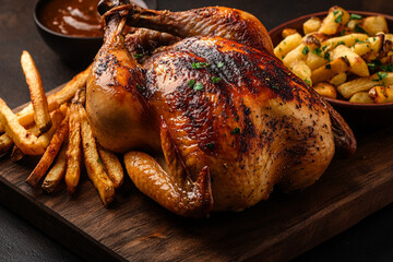 Roasted chicken on a plate with vegetables, dinner thanksgiving background