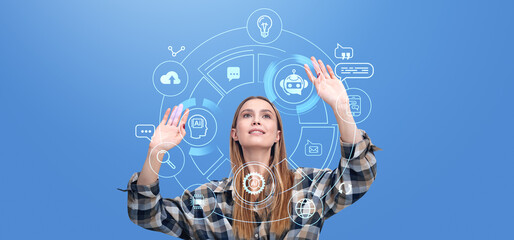 Poster - Young woman hands touch AI hologram and chat bot assistant