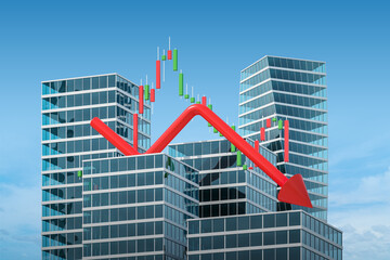 Poster - Falling red arrow and candlesticks, skyscrapers and stock market crisis