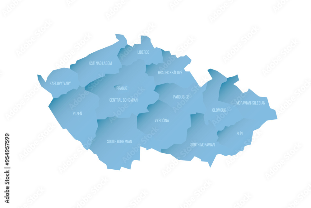 Czech Republic political map of administrative divisions - regions. Shaded vector map with 3D-like blue gradient and name labels