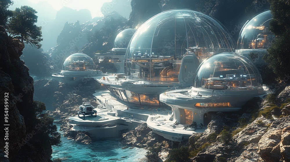 Concept art of futuristic underwater research facility with glass domes ...