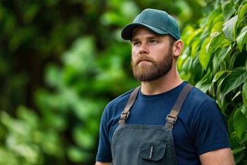 A man with a beard and a green hat stands in a lush green field. He is wearing a blue apron and a blue shirt