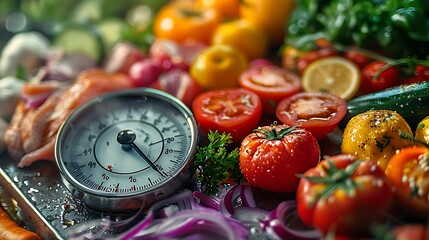 Wall Mural - A close-up shot of fresh ingredients for a healthy meal with a scale in focus.