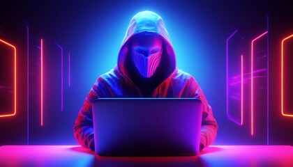 Hacker in Hood with Anonymous Mask Typing on Laptop at Dark Room with Computers