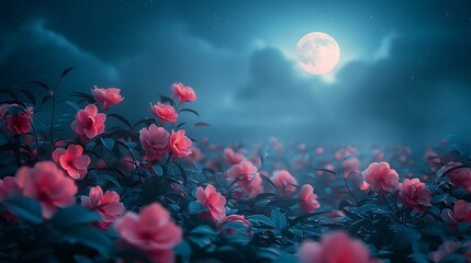 A field of pink flowers bathed in the soft glow of a full moon.